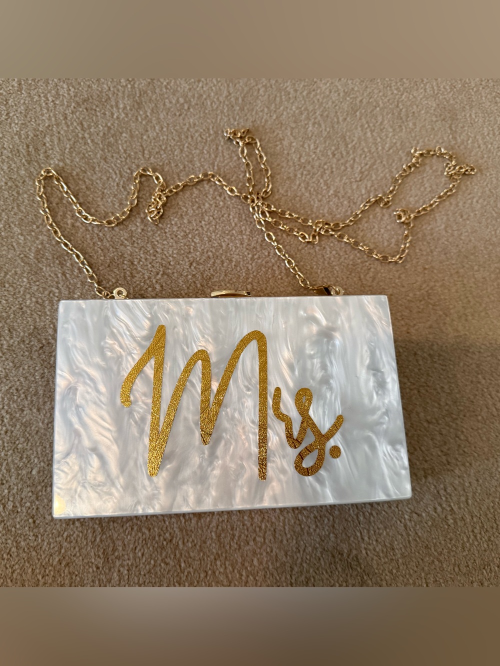 Pearlescent Gold Script Acrylic Box Clutch